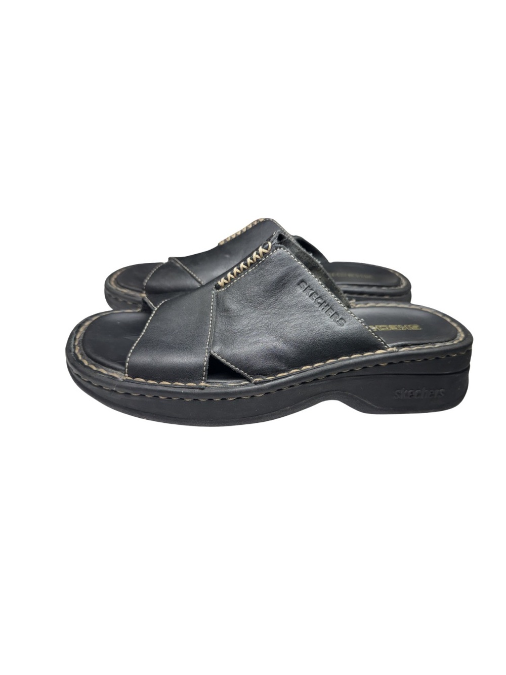Skechers Womens 10 Black Leather Comfort Chunky Y2K Platform Sandals vintage